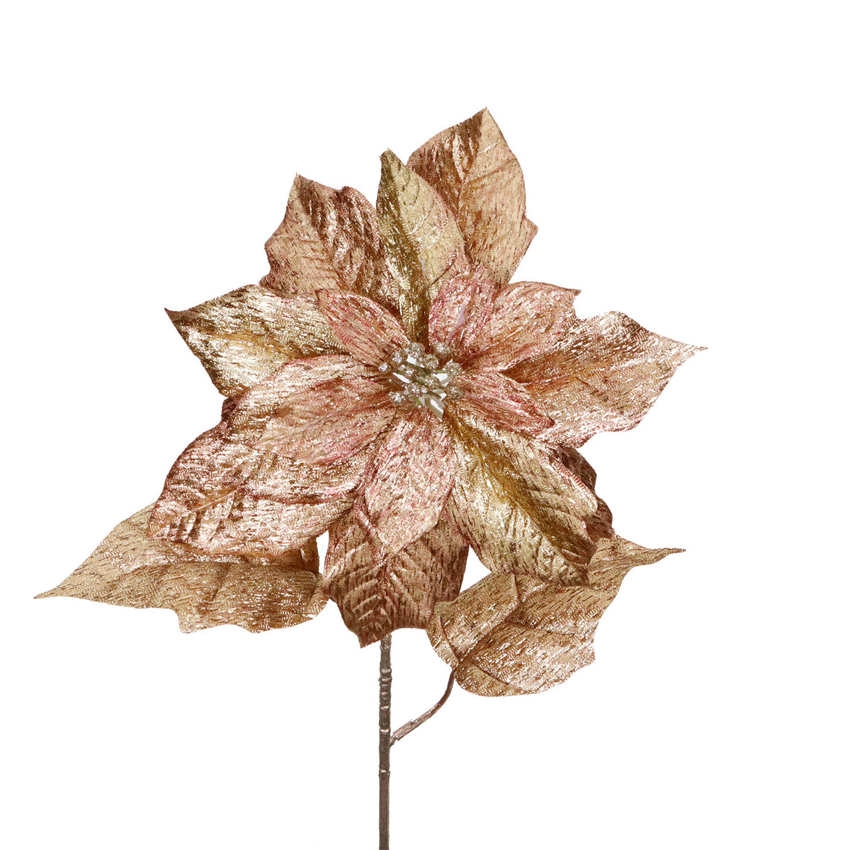 Tulpină cu floare de crăciuniță și frunze metalizate, cupru/auriu, 68 cm
