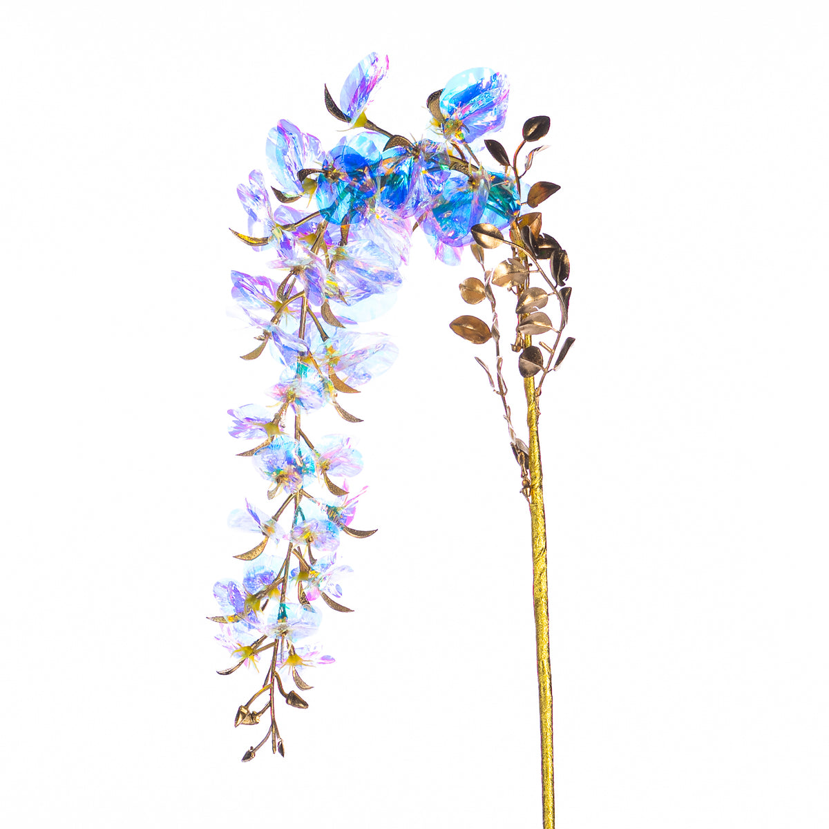 Tulpină cu flori curgătoare metalizate irizate, transparent/multicolor/auriu, 79 cm