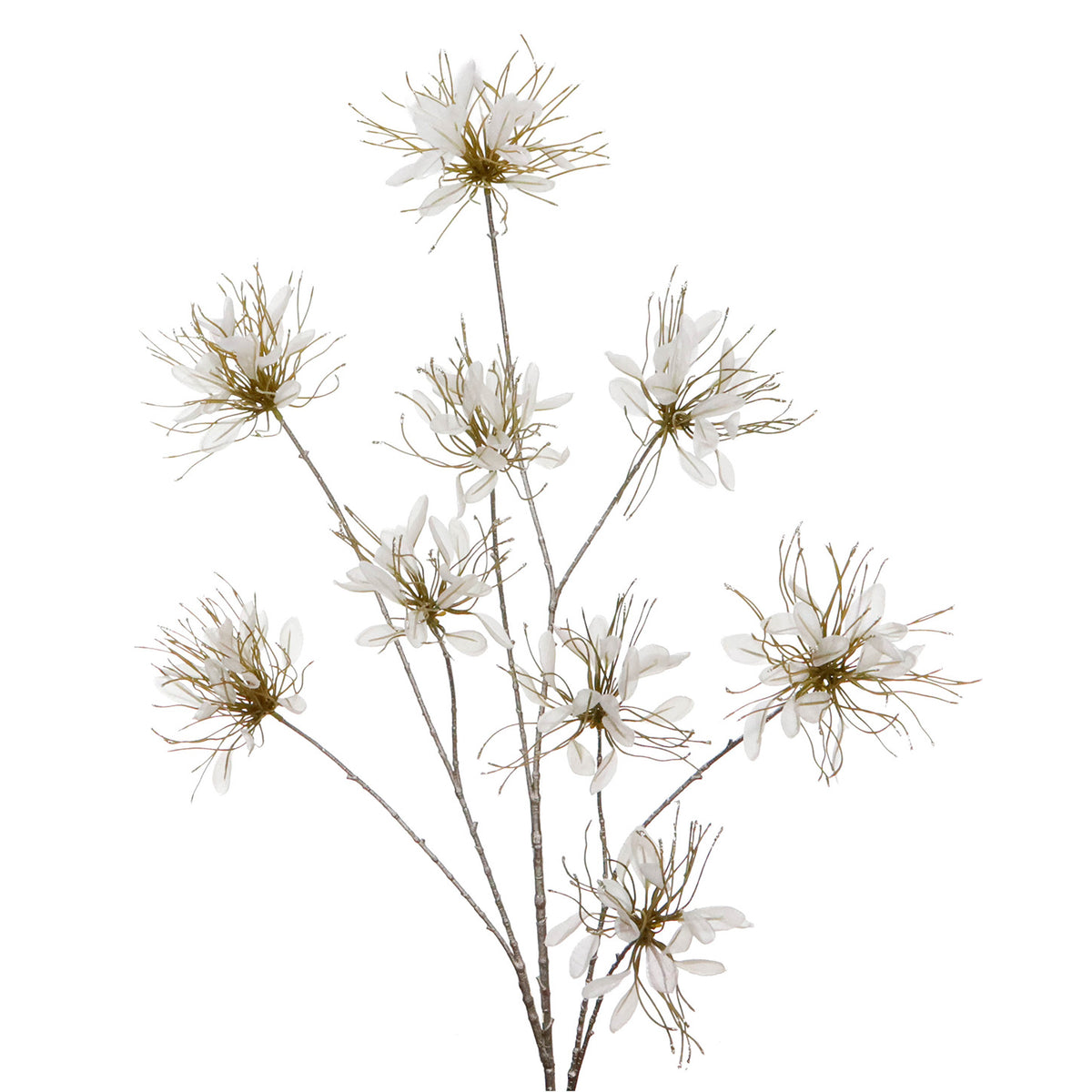 Tulpină cu flori tip ac, cu sclipici, alb/șampanie, 129 cm