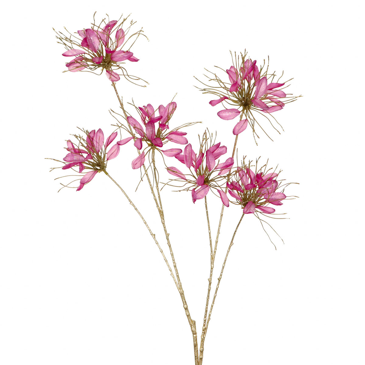 Tulpină cu flori tip ac, cu sclipici, roz aprins/auriu, 118 cm