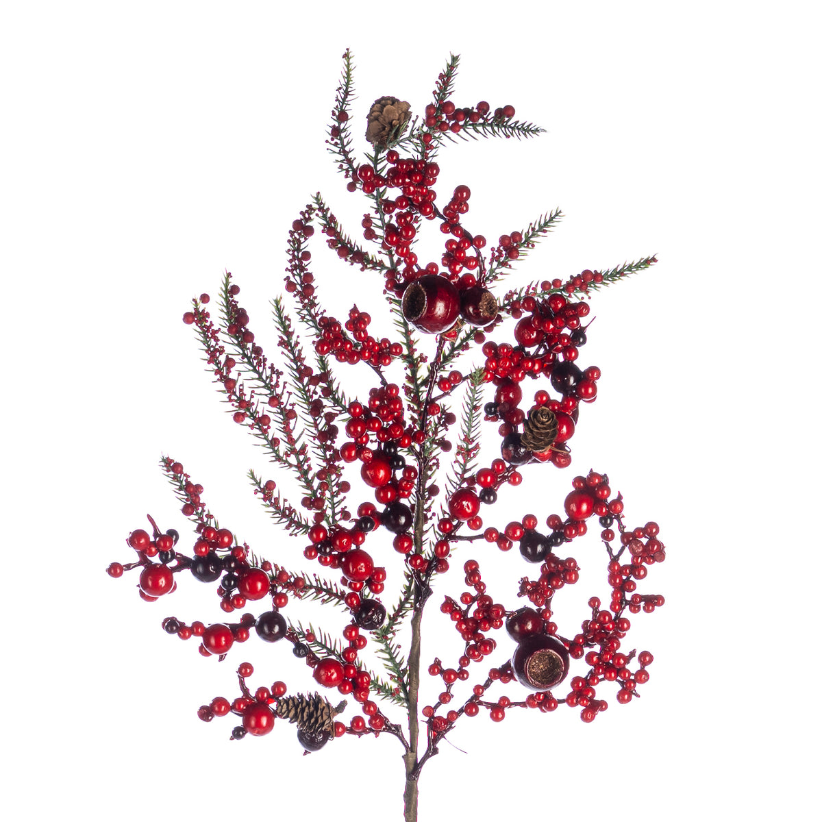 Tulpină cu fructe de pădure, ramuri de brad și conuri, roșu/verde, 68 cm