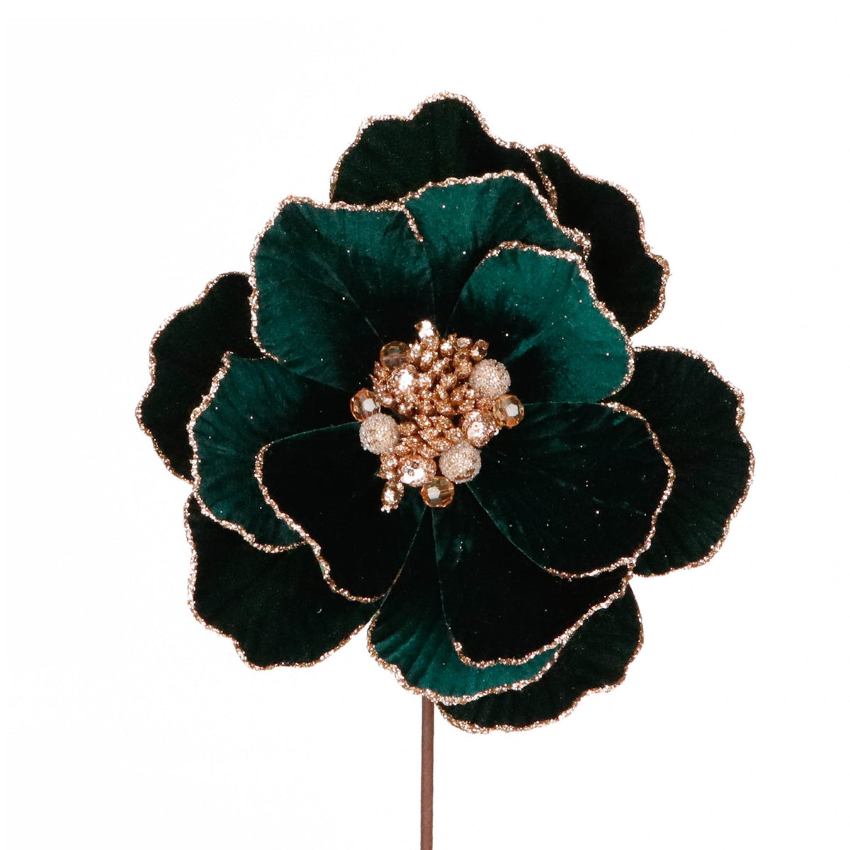 Tulpină cu magnolie din textil, cu sclipici și pietre, verde, 45 cm