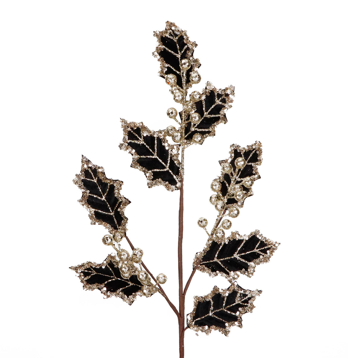 Tulpină cu sclipici, ilice, bobițe și frunze, negru/auriu, 67 cm
