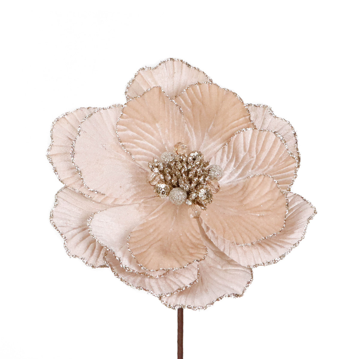 Tulpină din textil cu magnolie cu pietre și sclipici, crem/șampanie, 45 cm