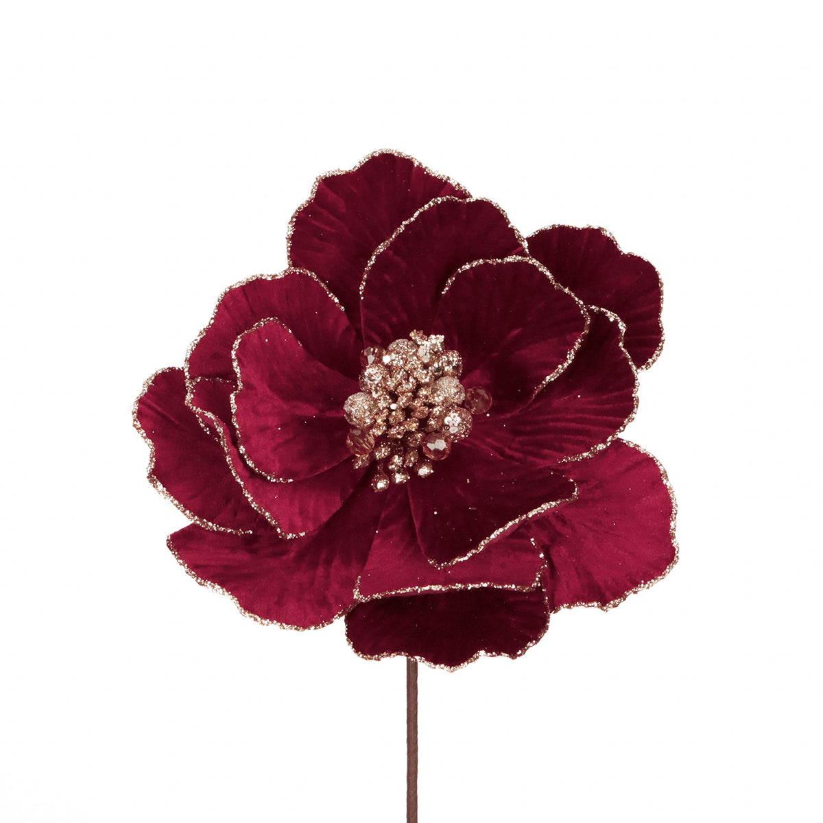 Tulpină din textil cu magnolie cu sclipici și pietre, burgund/roșu/auriu, 45 cm