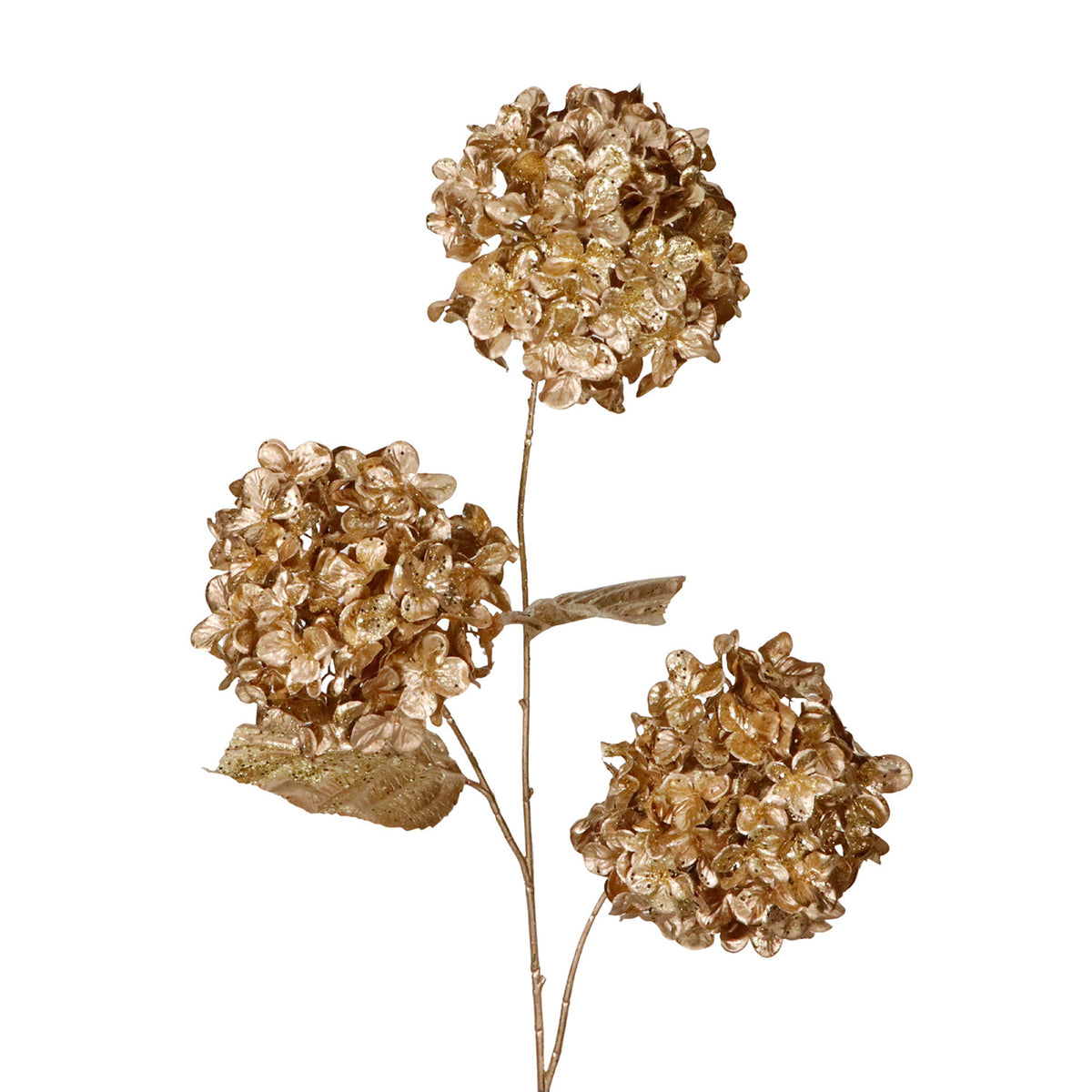 Tulpină metalizată cu 3 flori de hortensie, auriu, 88 cm