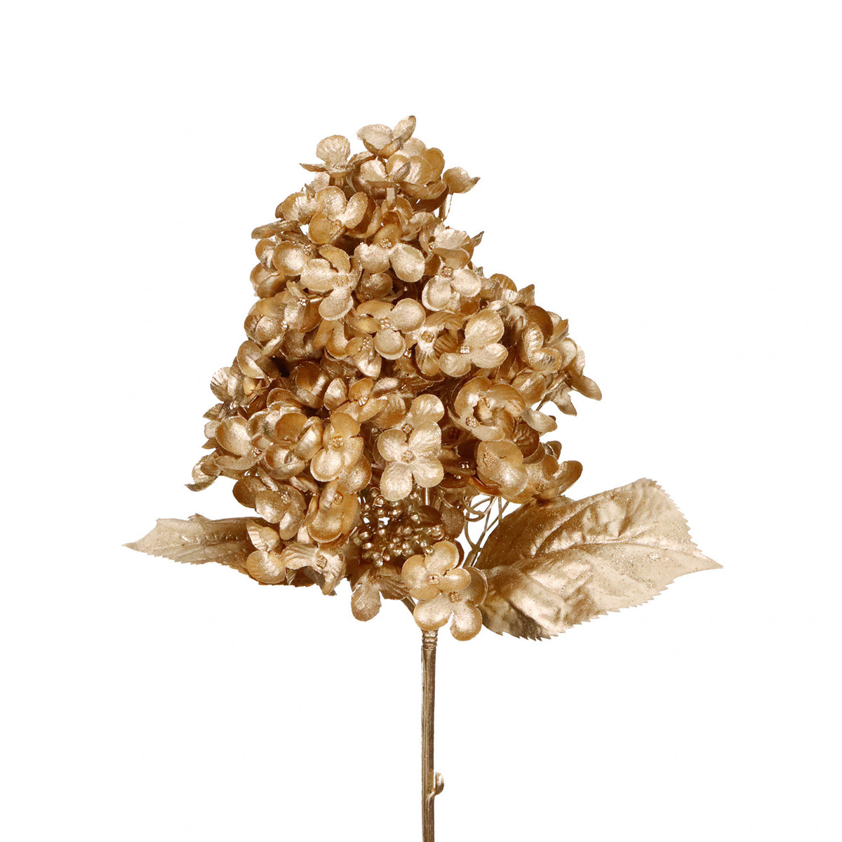 Tulpină metalizată cu conuri și flori de hortensie, auriu, 71 cm