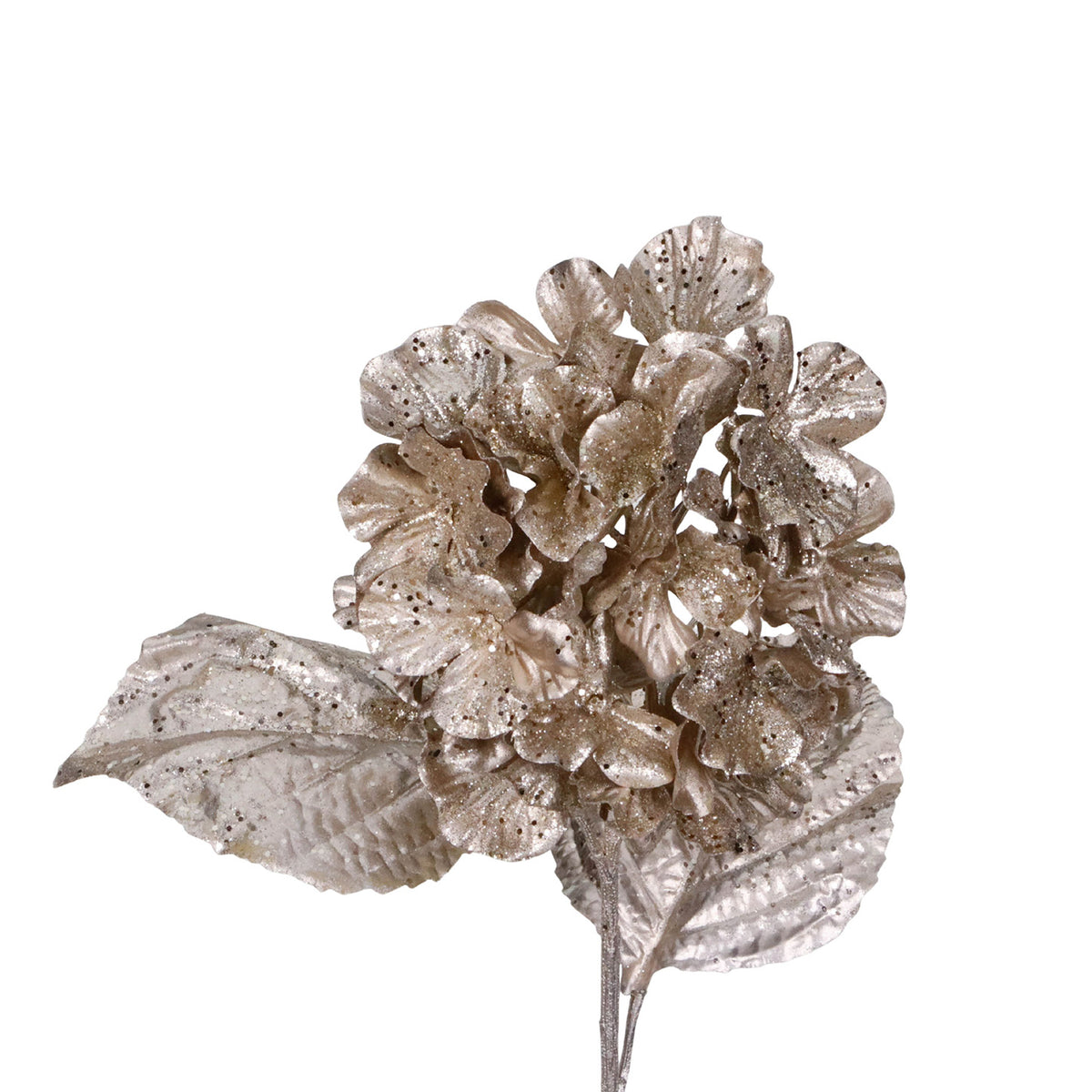 Tulpină metalizată cu flori de hortensie cu sclipici, șampanie, 65 cm