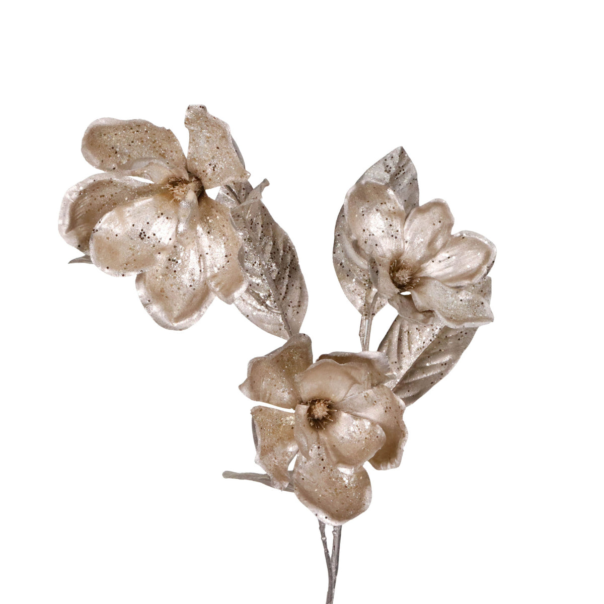 Tulpină metalizată cu flori de magnolie cu sclipici, șampanie, 88 cm