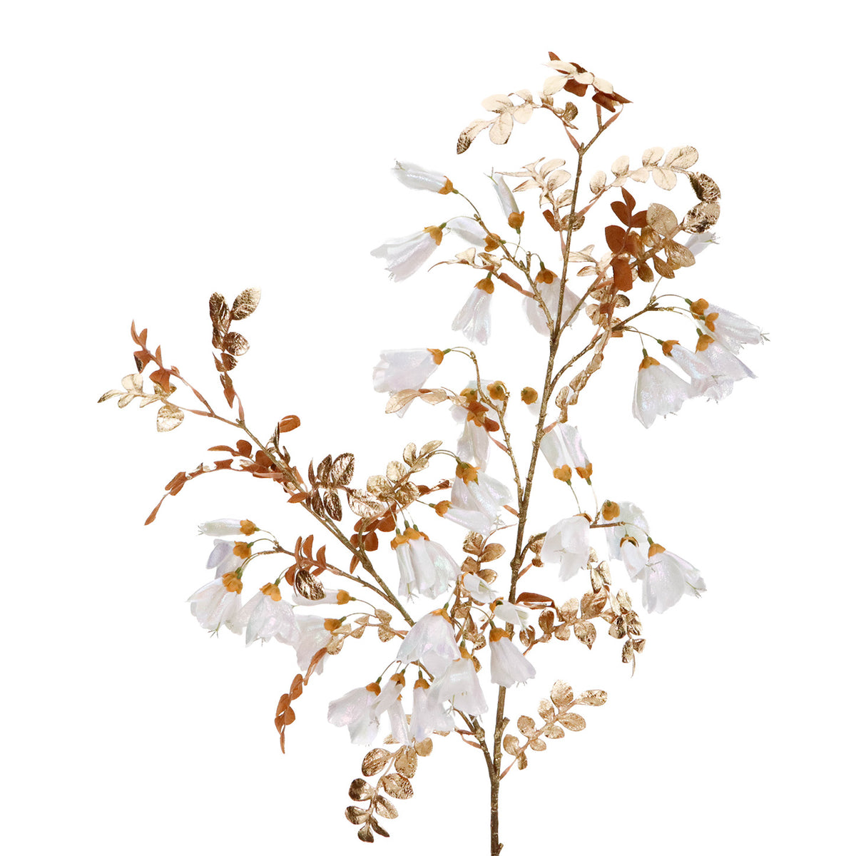 Tulpină metalizată cu flori și frunze, alb/auriu, 112 cm