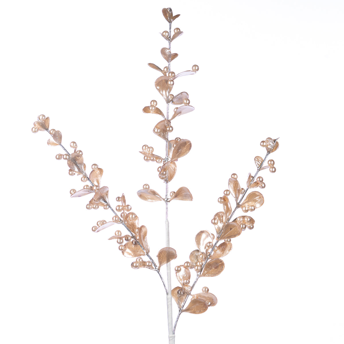 Tulpină metalizată cu perle și frunze, șampanie, 79 cm