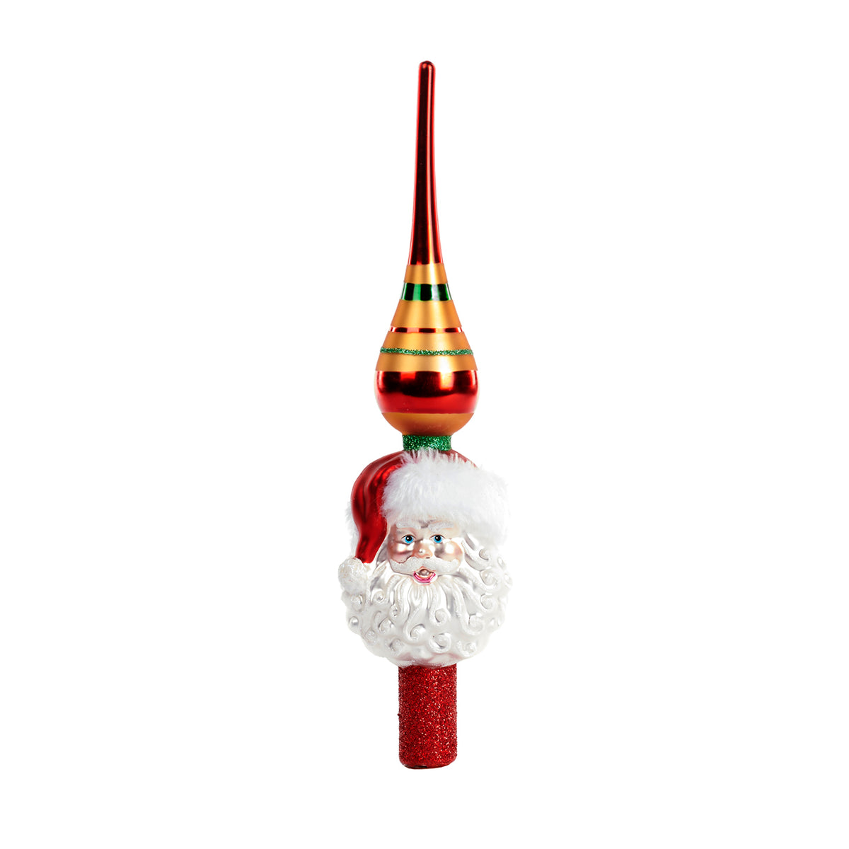 Vârf de brad din sticlă cu cap de Moș Crăciun, roșu/alb, 30,5 cm