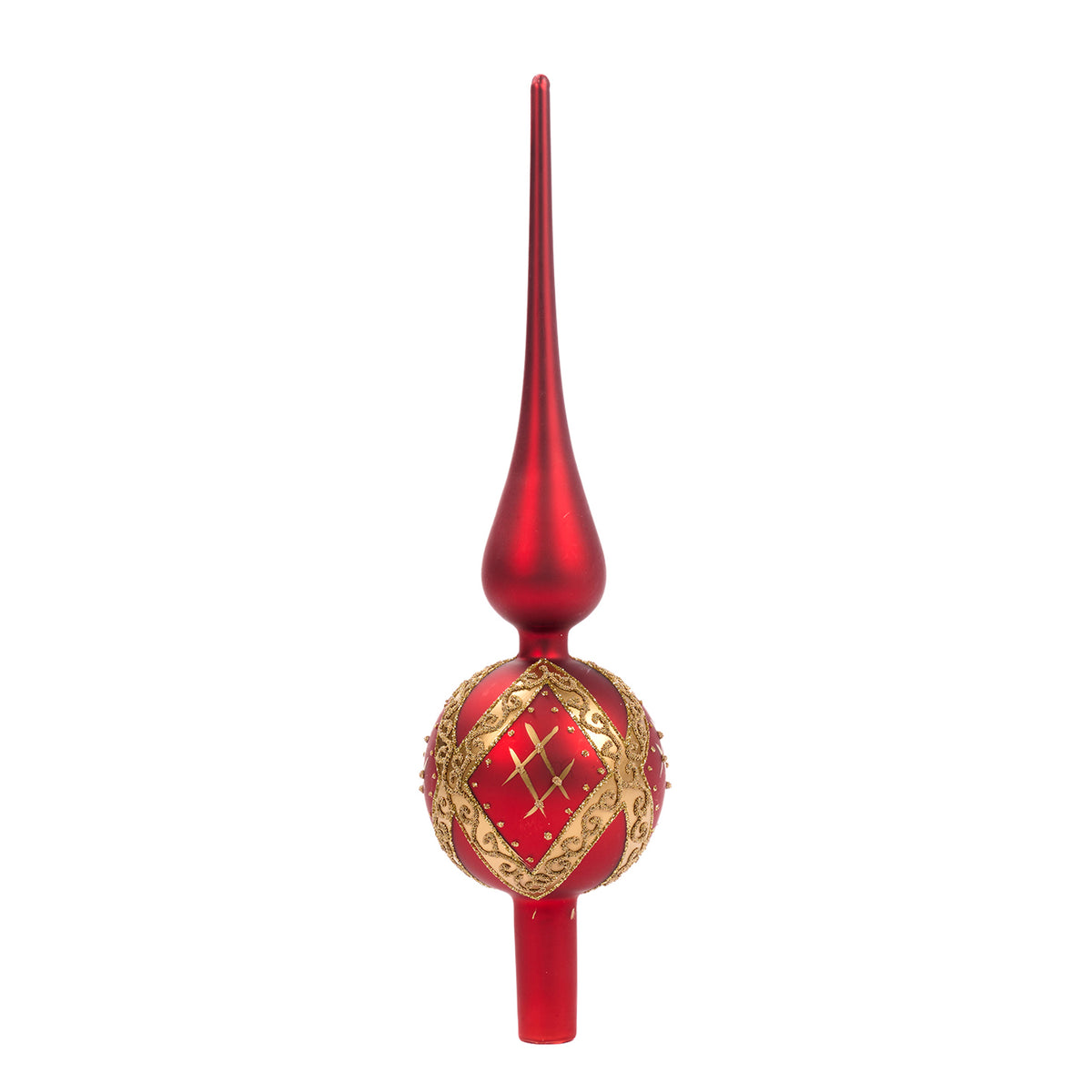 Vârf de brad din sticlă cu model de plasă și spirală, roșu/auriu, 30 cm