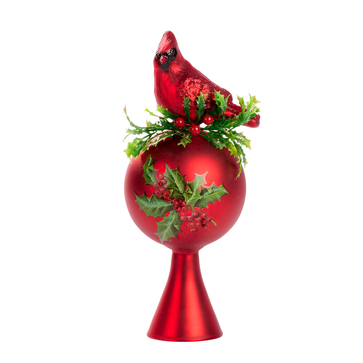 Vârf de brad din sticlă cu pasăre cardinal pe glob, roșu/verde, 26 cm