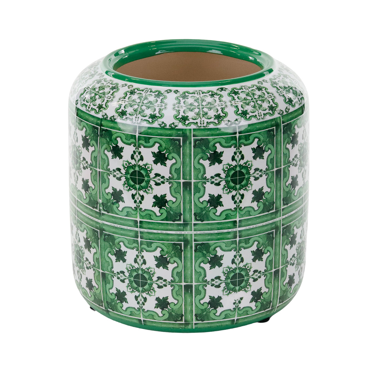 Vază cilindrică din porțelan în stil oriental, verde/alb, 22 cm