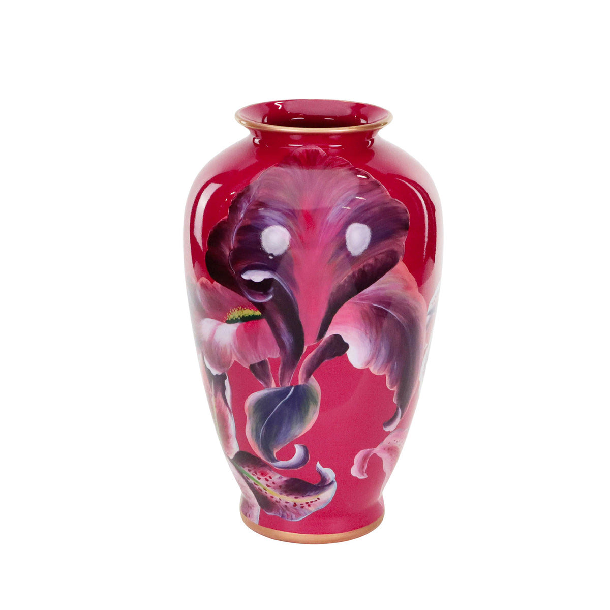 Vază din porțelan cu flori tropicale, burgund/roz/mov, 38 cm