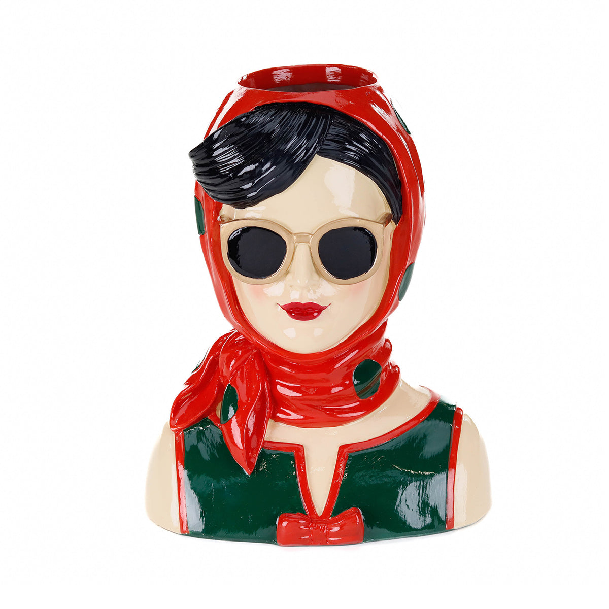 Vază în formă de bust de doamnă elegantă, roșu/negru/verde, 25 cm