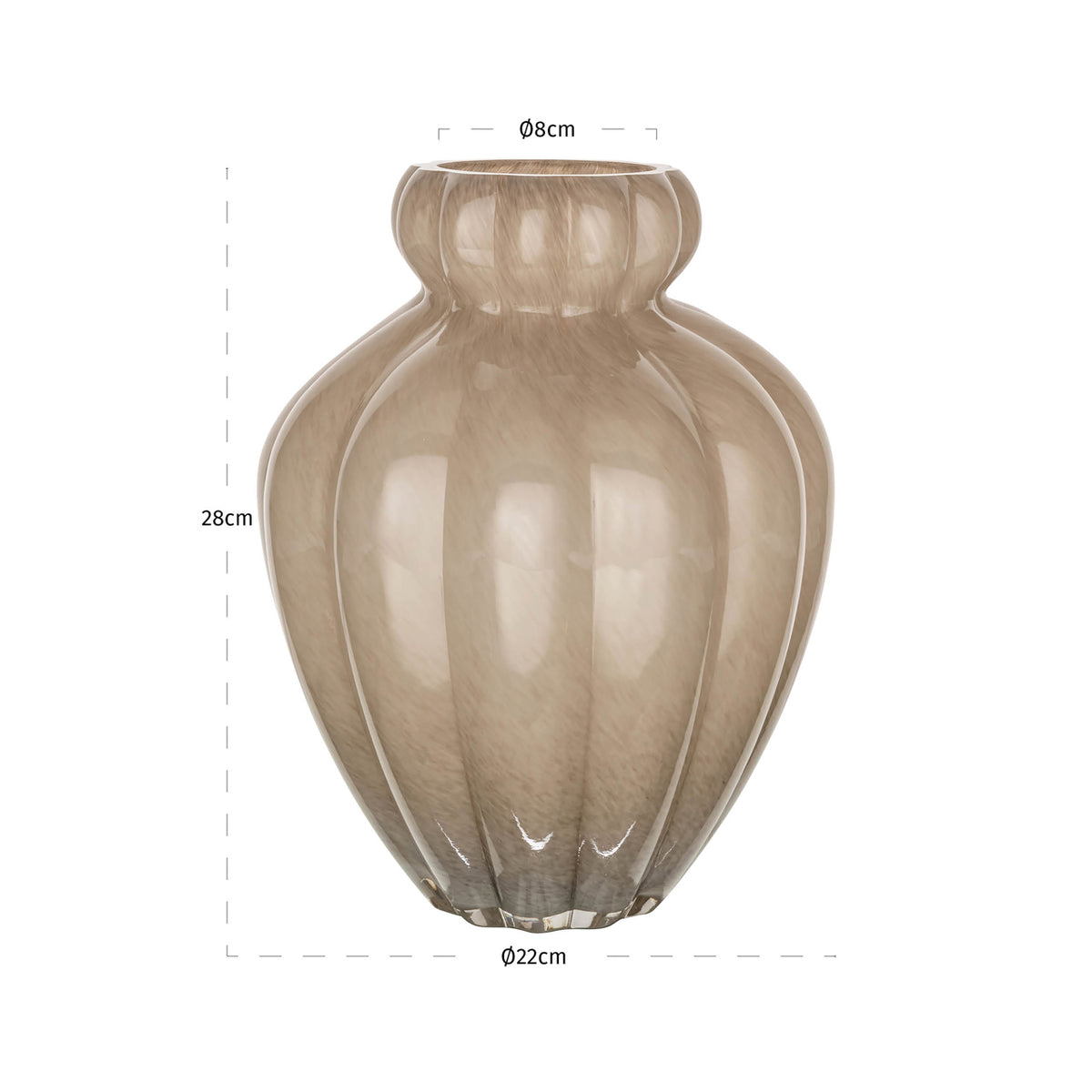 Vază Velora, taupe, L. 22 x l. 22 x Î. 28 cm – desen tehnic cu dimensiuni