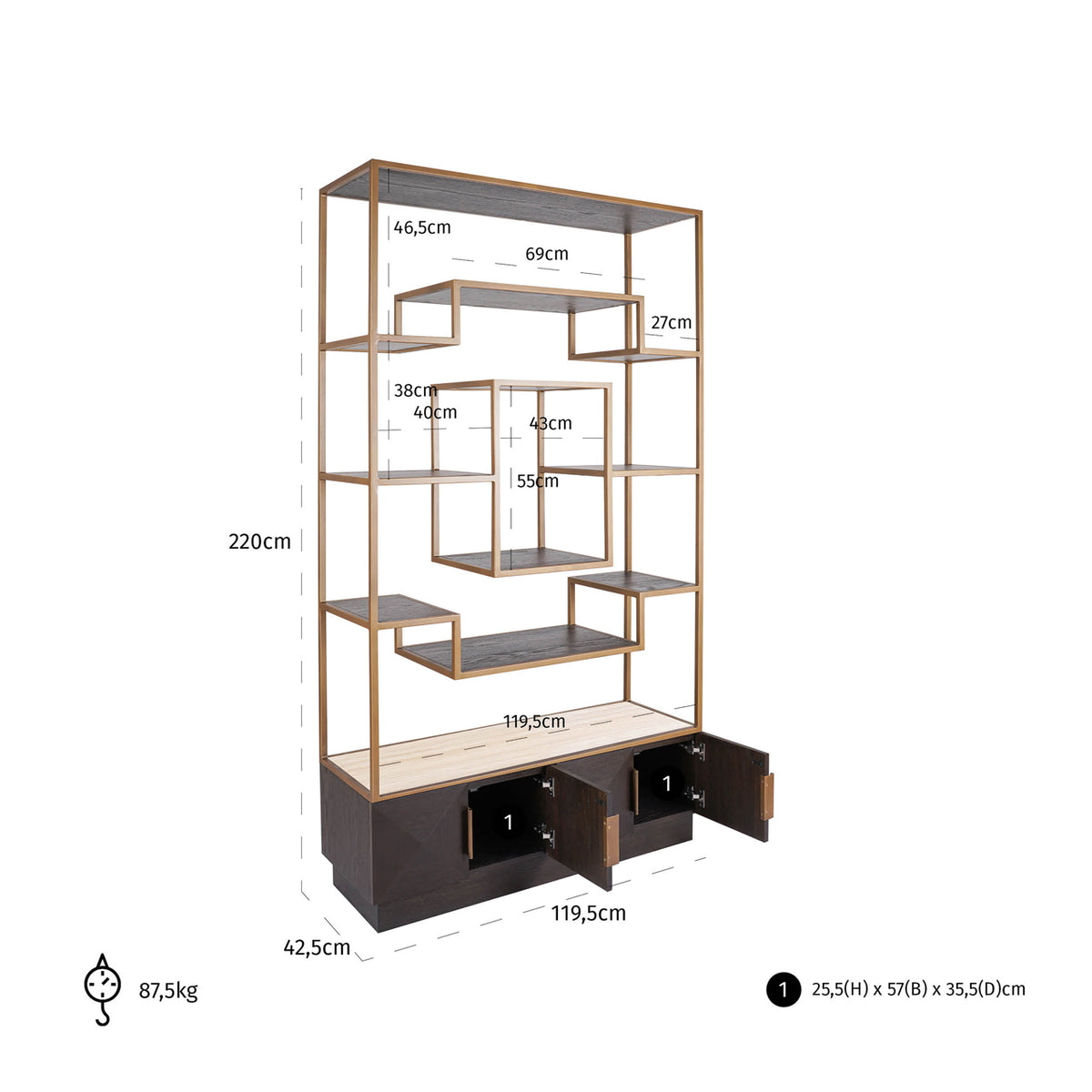 Vitrină Claremont, maro – desen tehnic cu dimensiuni