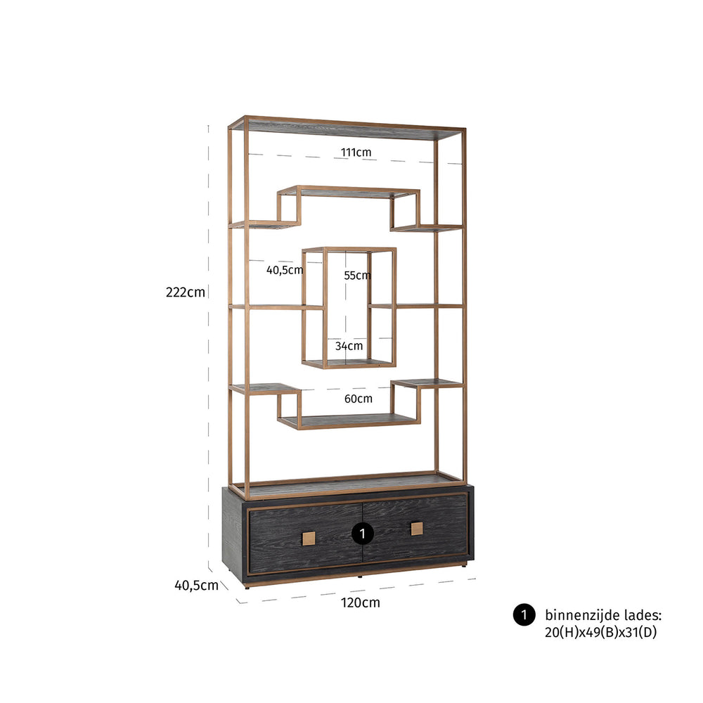 Vitrină Hunter, negru rustic – desen tehnic cu dimensiuni