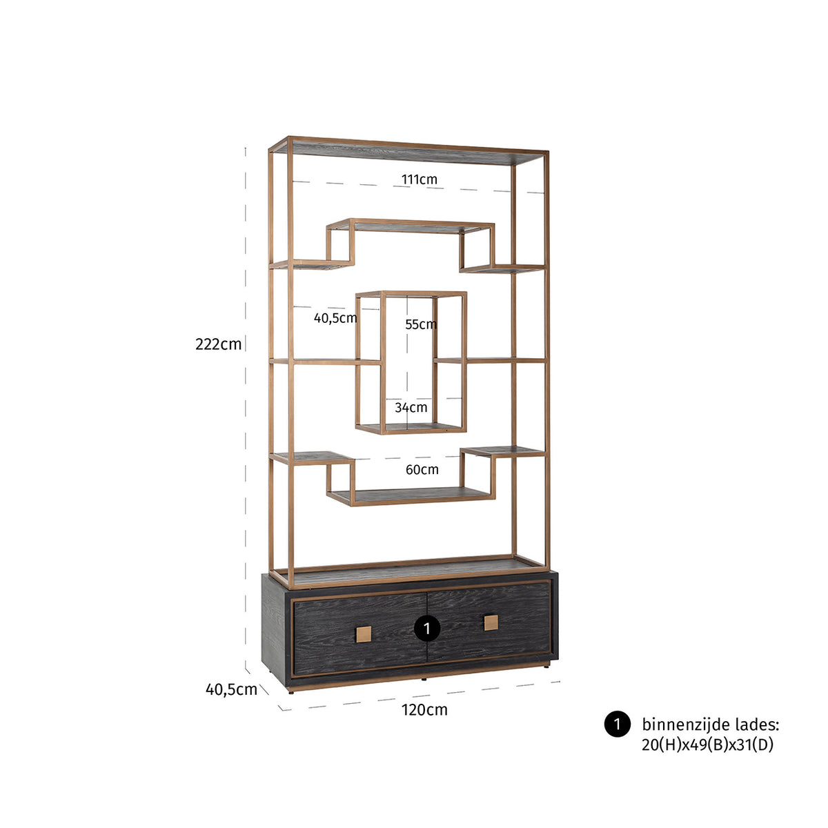 Vitrină Hunter, negru rustic – desen tehnic cu dimensiuni