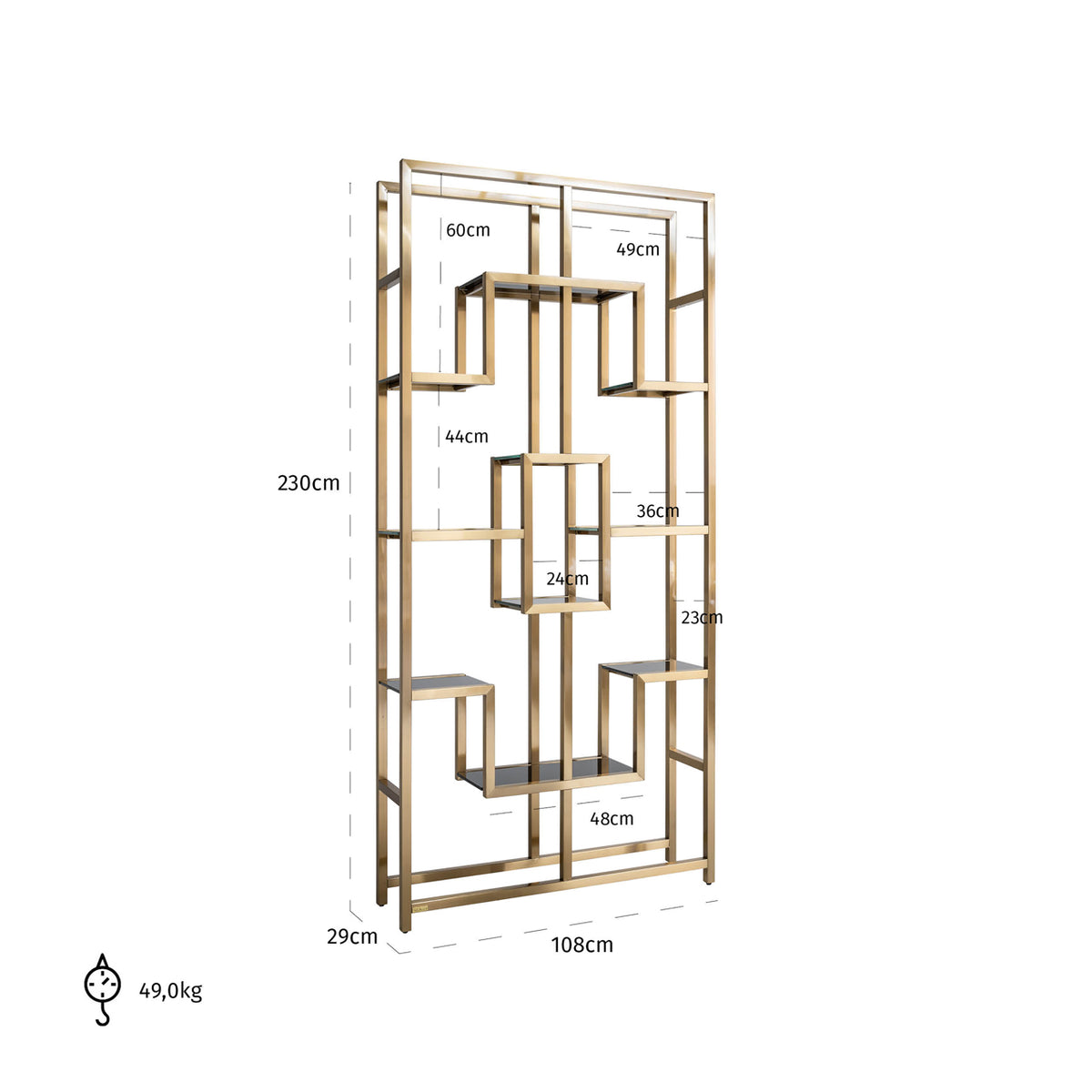 Vitrină Magnus, auriu periat – desen tehnic cu dimensiuni