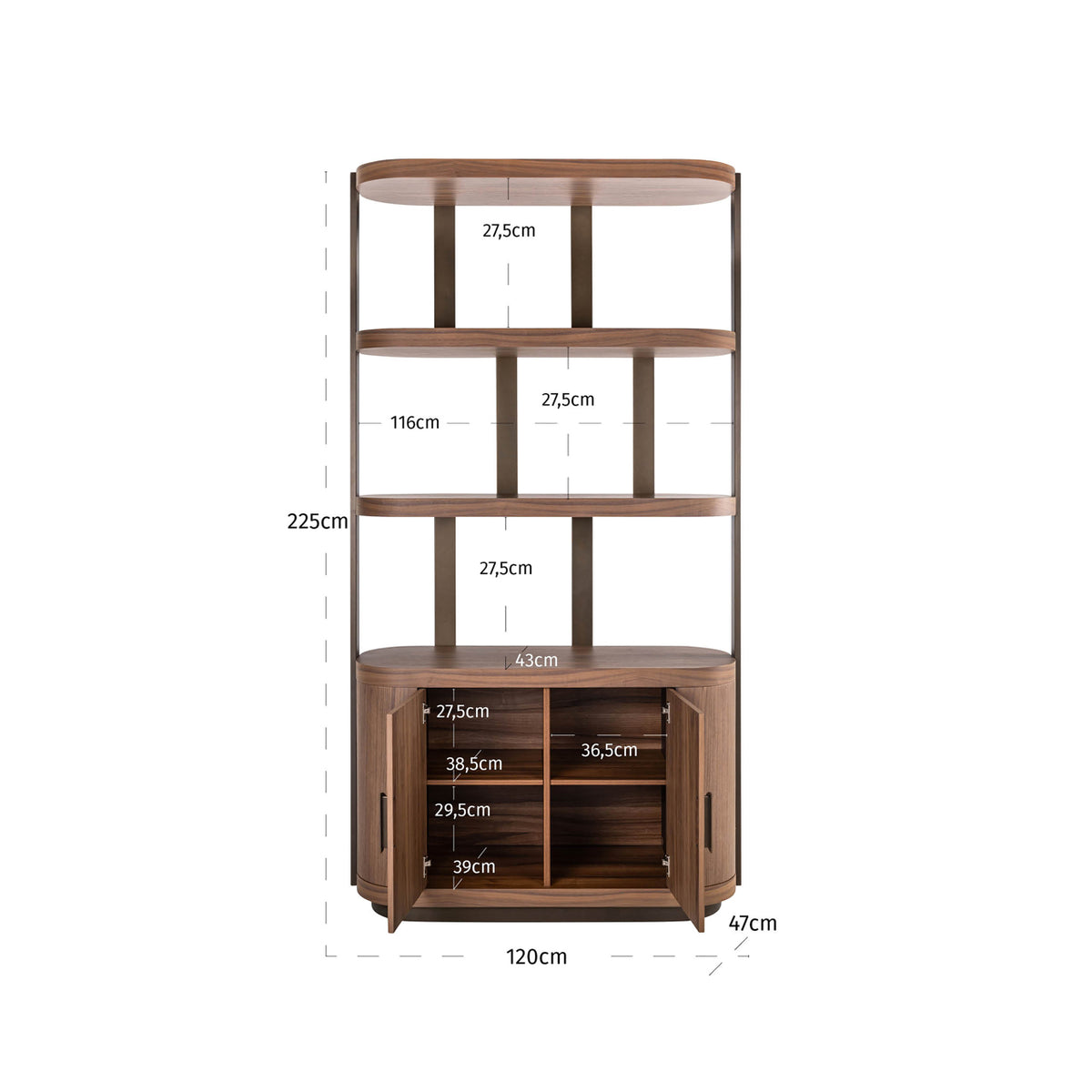 Vitrină Windsor, nuc – desen tehnic cu dimensiuni