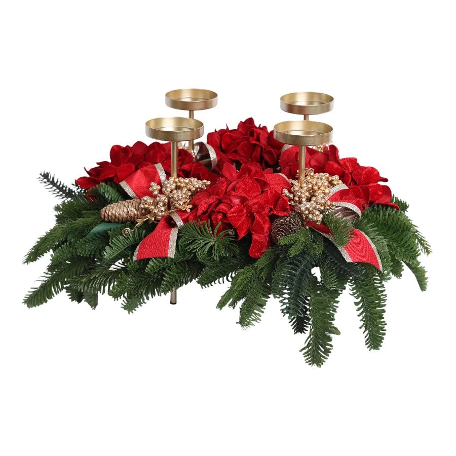 Suport pentru lumânări cu 4 brațe și decorațiuni de Crăciun, roșu/auriu/verde, 60x29cm