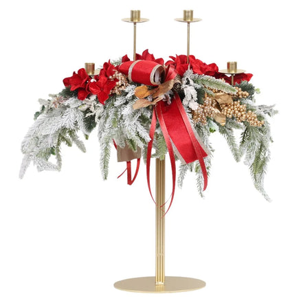 Suport înalt pentru lumânări cu 4 brațe și decorațiuni de Crăciun, roșu/auriu/verde, 65cm