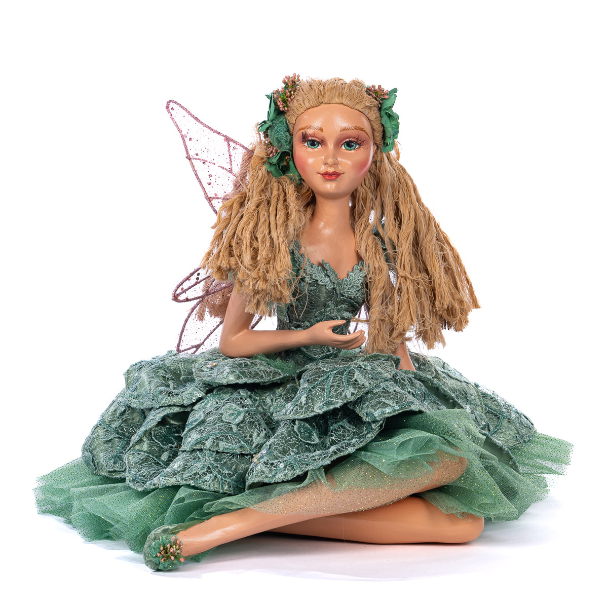 Zână-nufăr așezată, cu cutie, verde, 43 cm
