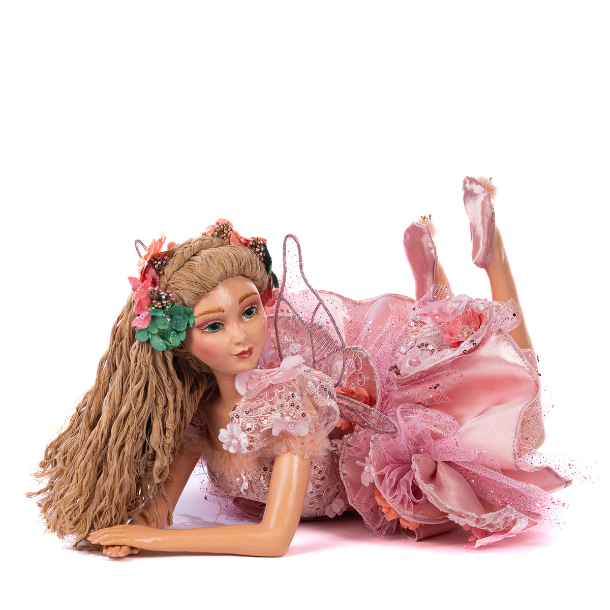 Zână-petală întinsă, cu cutie, roz, 46 cm