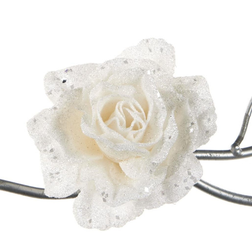 GOODWILL Trandafir alb cu clips si glitter 10cm