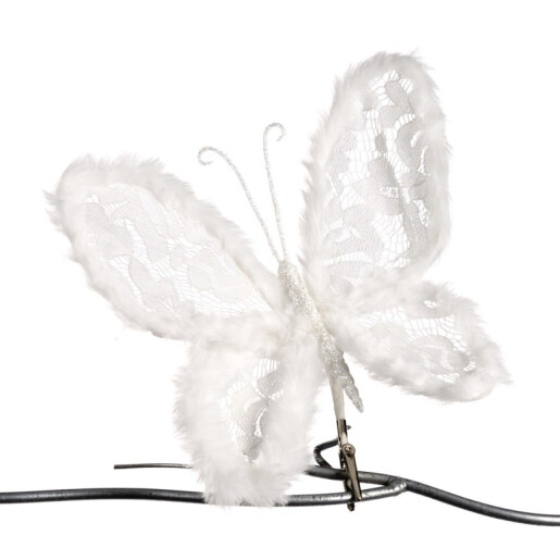 Fluture pe clips din dantela cu blanita , alb 20cm 