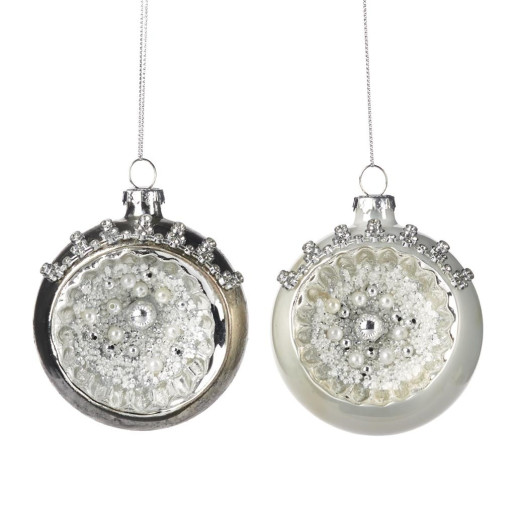 Glob sticlă perle alb/argintiu 8,5cm, set de 2 buc