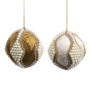Set 2 globuri de catifea cu perle si pietricele crem auriu 10cm