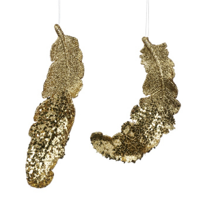 Ornament de brad , set 2 pene aurii/glitter 14.5cm 