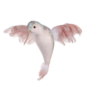 Pasare Colibri cu aripi din pene roz 40cm