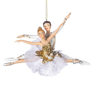 Cuplu de balerini in poza cu tulle si perlute alb/auriu 16.5cm