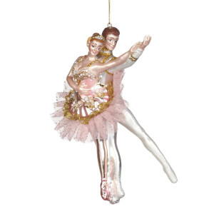 Ornament cuplu de balerini din sticla cu tul alb/roz 20cm