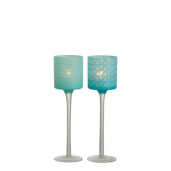 J-LINE Suport candela rotund cu picior  ,2 piese sticla Blue Ciel S