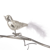 Ornament de brad ,pasare pe clips argintiu /alb 15cm